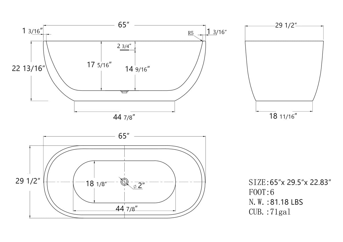 Matte White 65" Acrylic Classic Oval Freestanding Bathtub