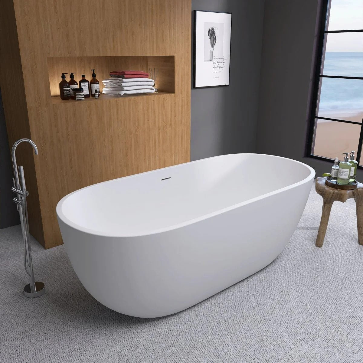 Matte White 65" Acrylic Classic Oval Freestanding Bathtub