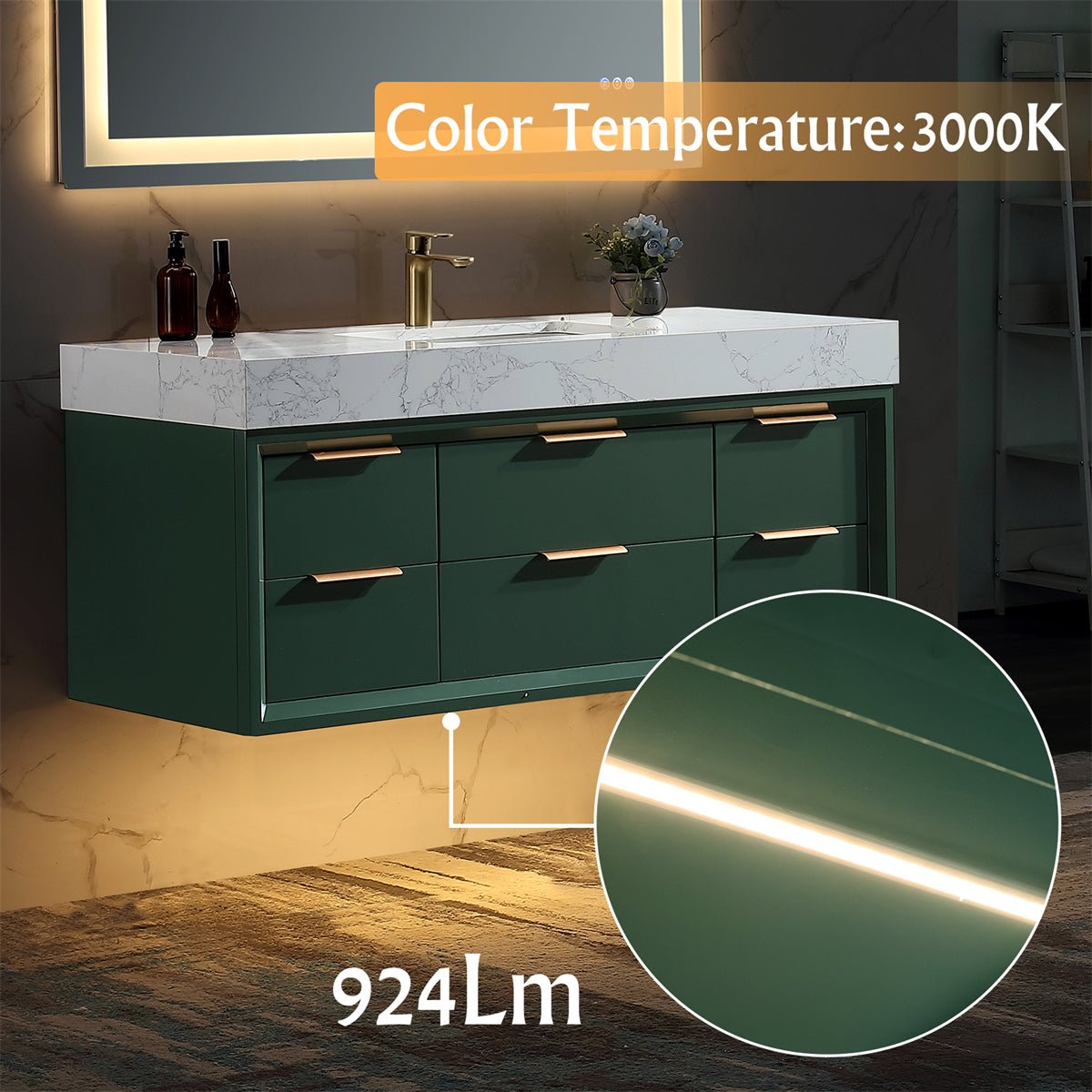 Glam 48" Modern Floating Bathroom Vanity Stone Slab Countertop - Luxury Bathroom Vanity