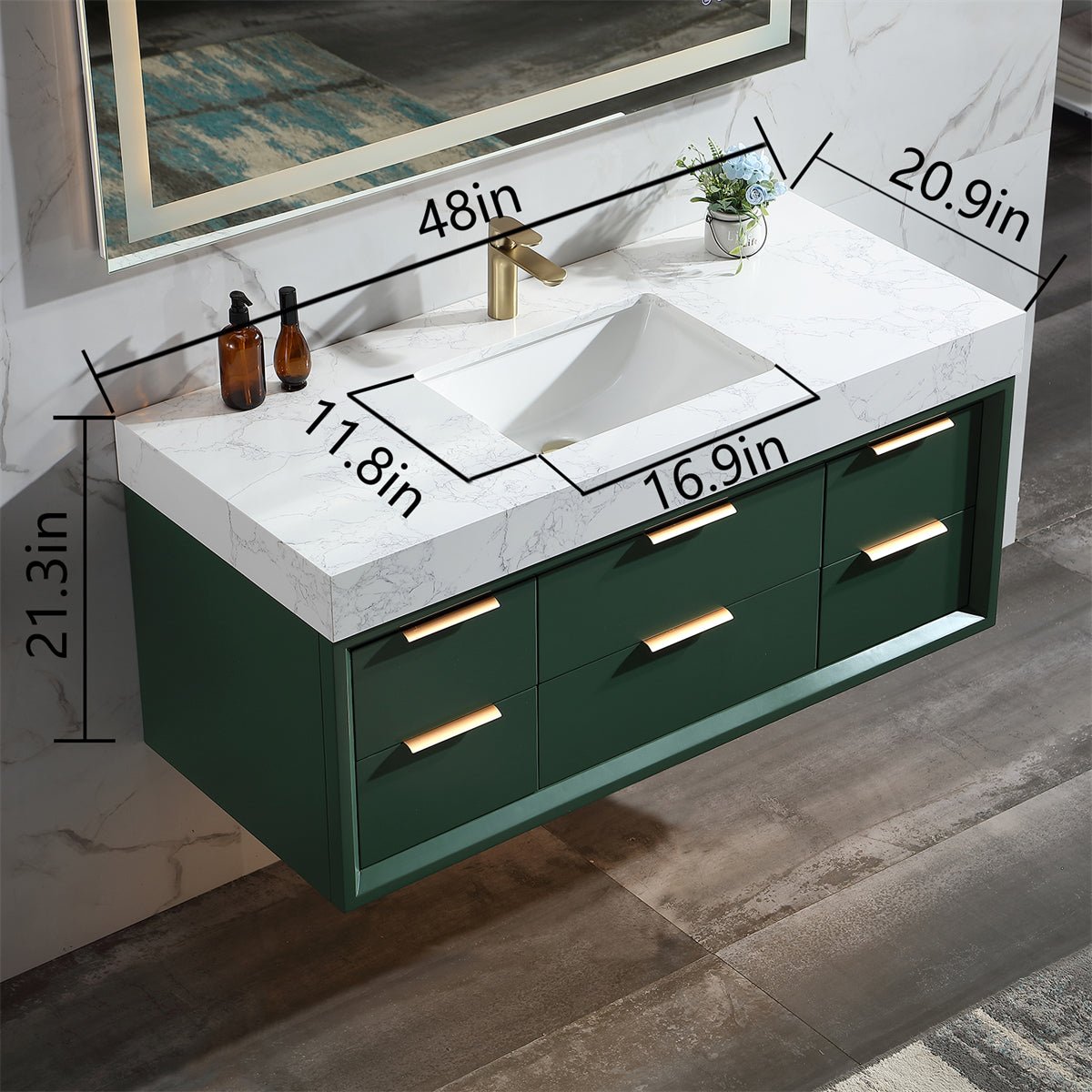 Glam 48" Modern Floating Bathroom Vanity Stone Slab Countertop - Luxury Bathroom Vanity