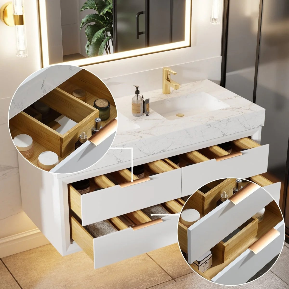 Glam 48" Modern Floating Bathroom Vanity Double Countertop