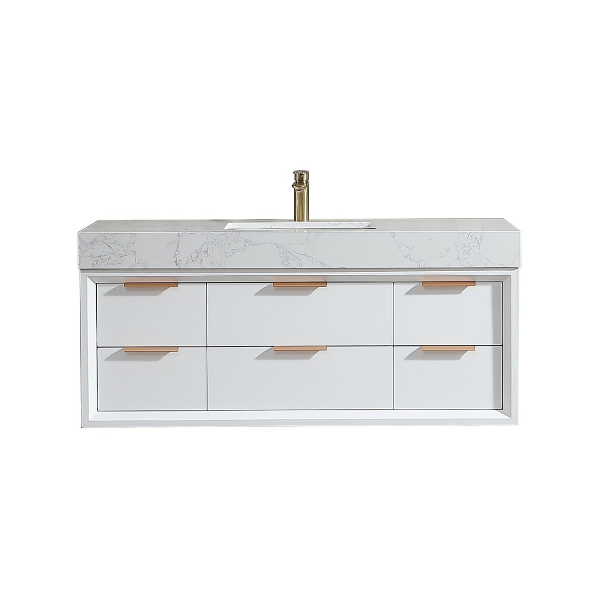 Glam 48" White Modern Floating Bathroom Vanity Stone Slab Countertop - Luxury Bathroom Vanity