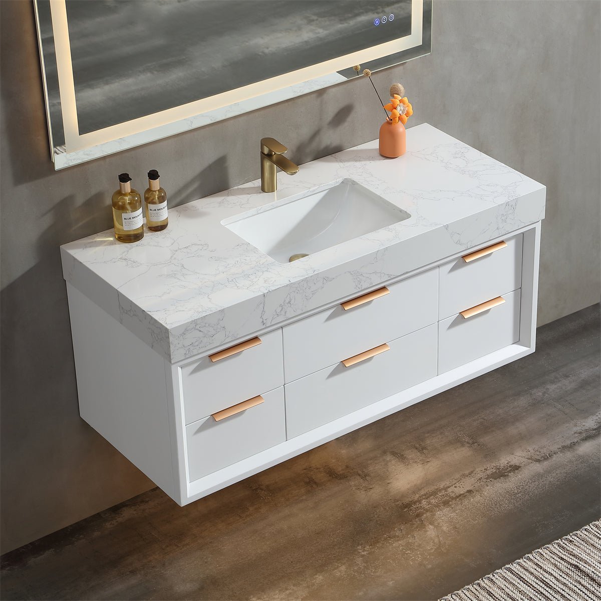 Glam 48" White Modern Floating Bathroom Vanity Stone Slab Countertop - Luxury Bathroom Vanity