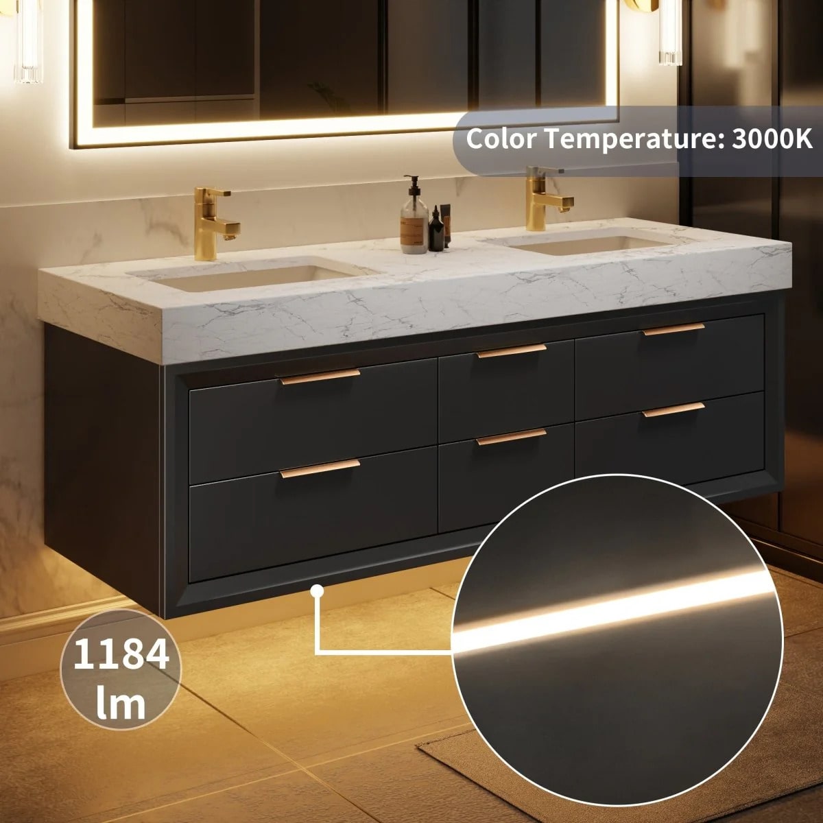 Glam 60" Bathroom Vanity with Stone Double Countertop