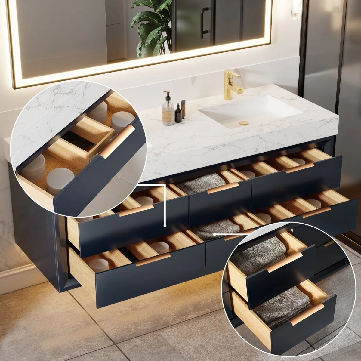 Glam 60" Bathroom Vanity with Stone Double Countertop