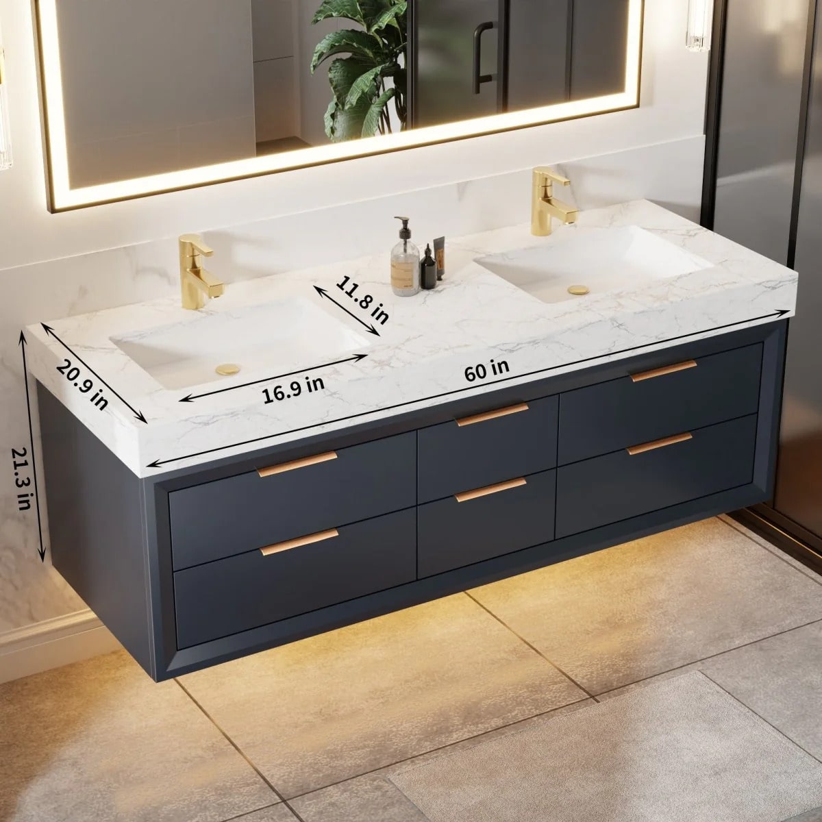 Glam 60" Bathroom Vanity with Stone Double Countertop