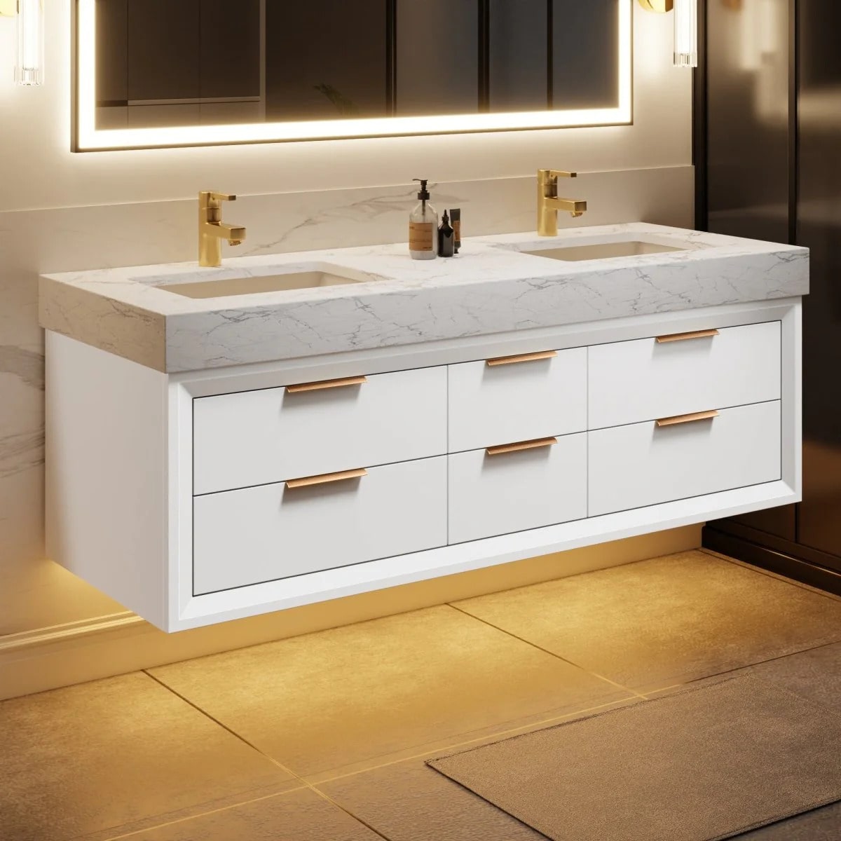 Glam 60" Bathroom Vanity with Stone Double Countertop