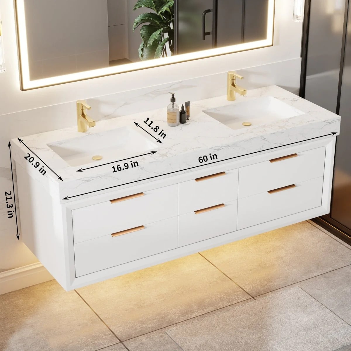 Glam 60" Bathroom Vanity with Stone Double Countertop