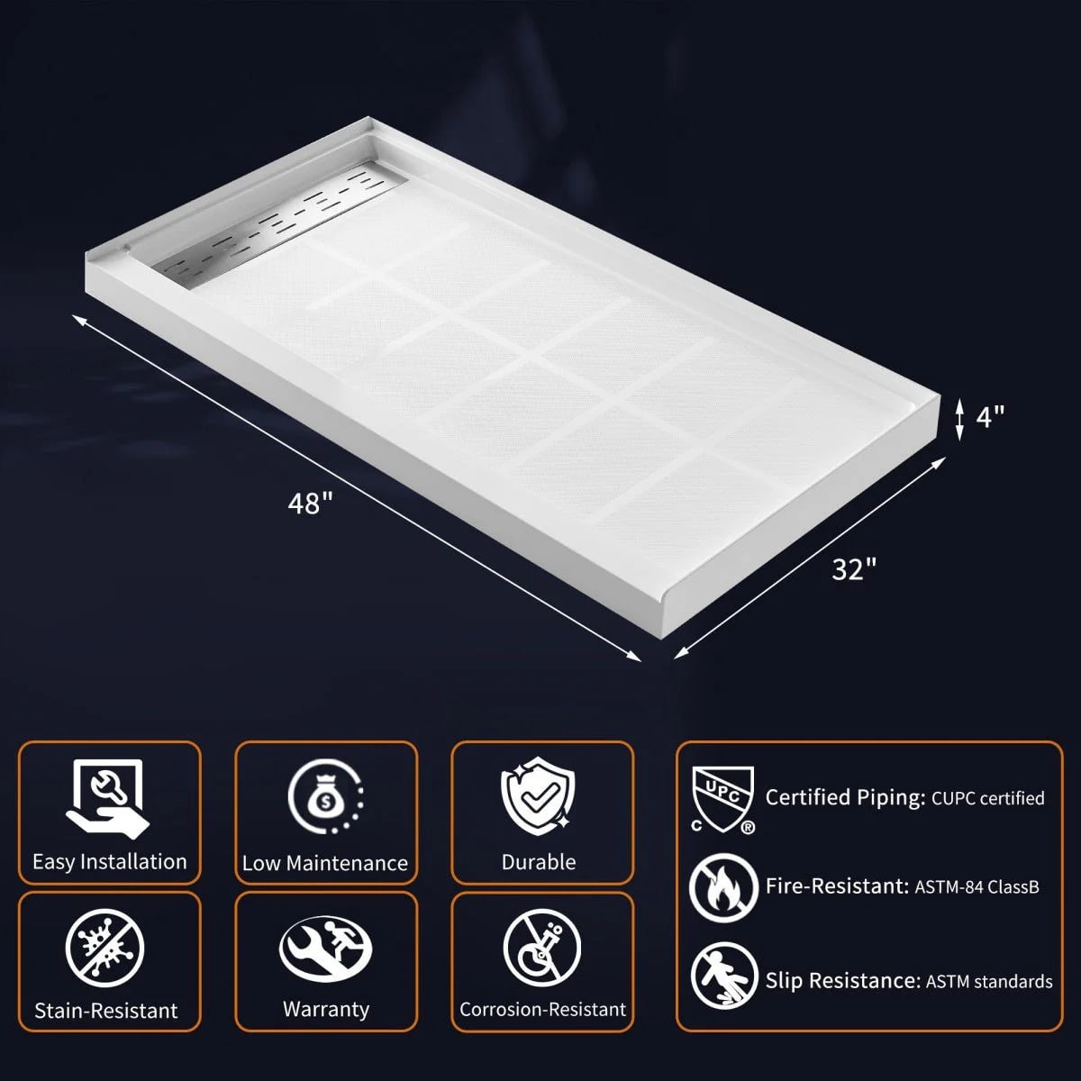Shower Base 48"x 32", Left Drain, Shower Pan, White with Brushed Nickel Cover