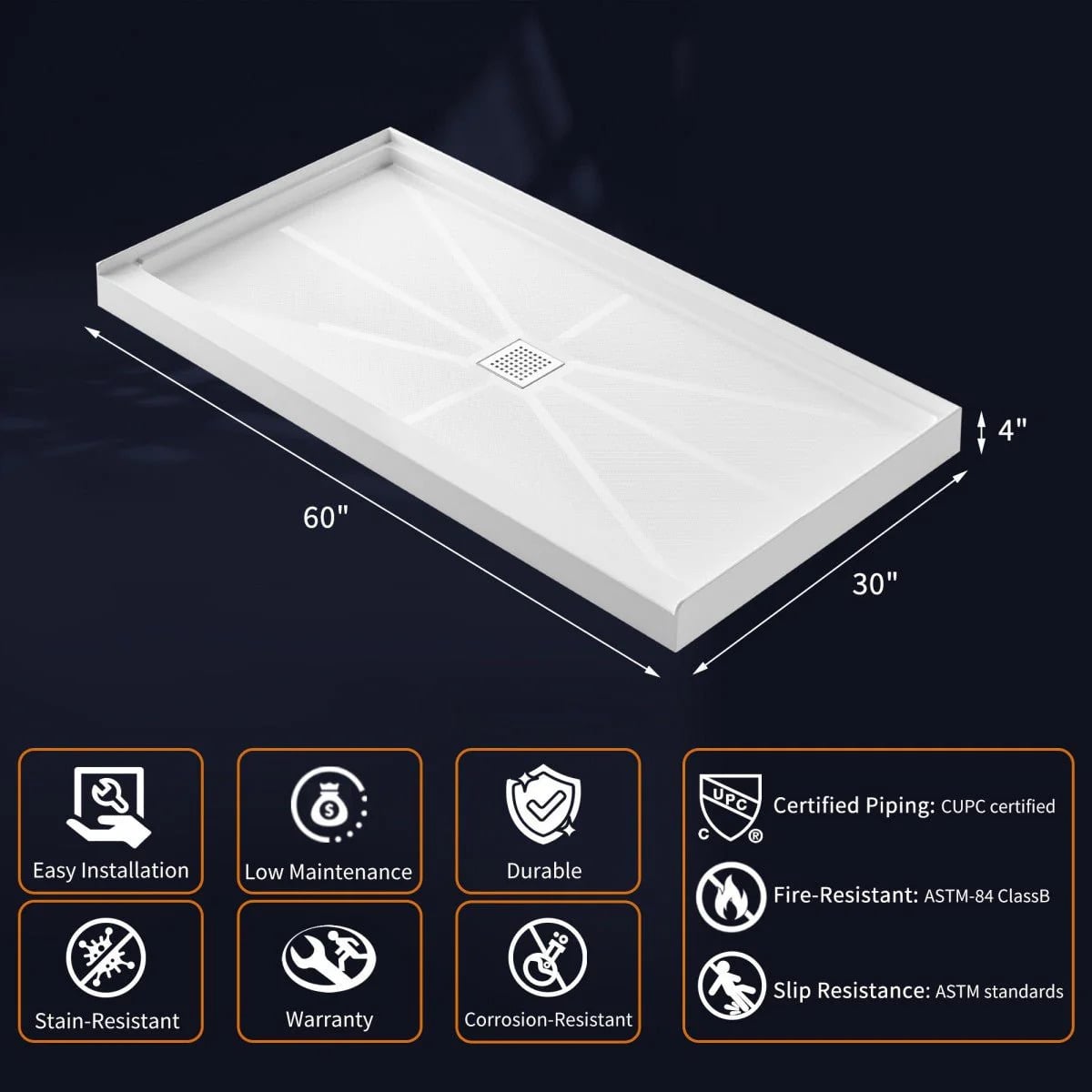 Shower Base 60"x 30", Middle Drain, Shower Pan, White with Brushed Nickel Cover