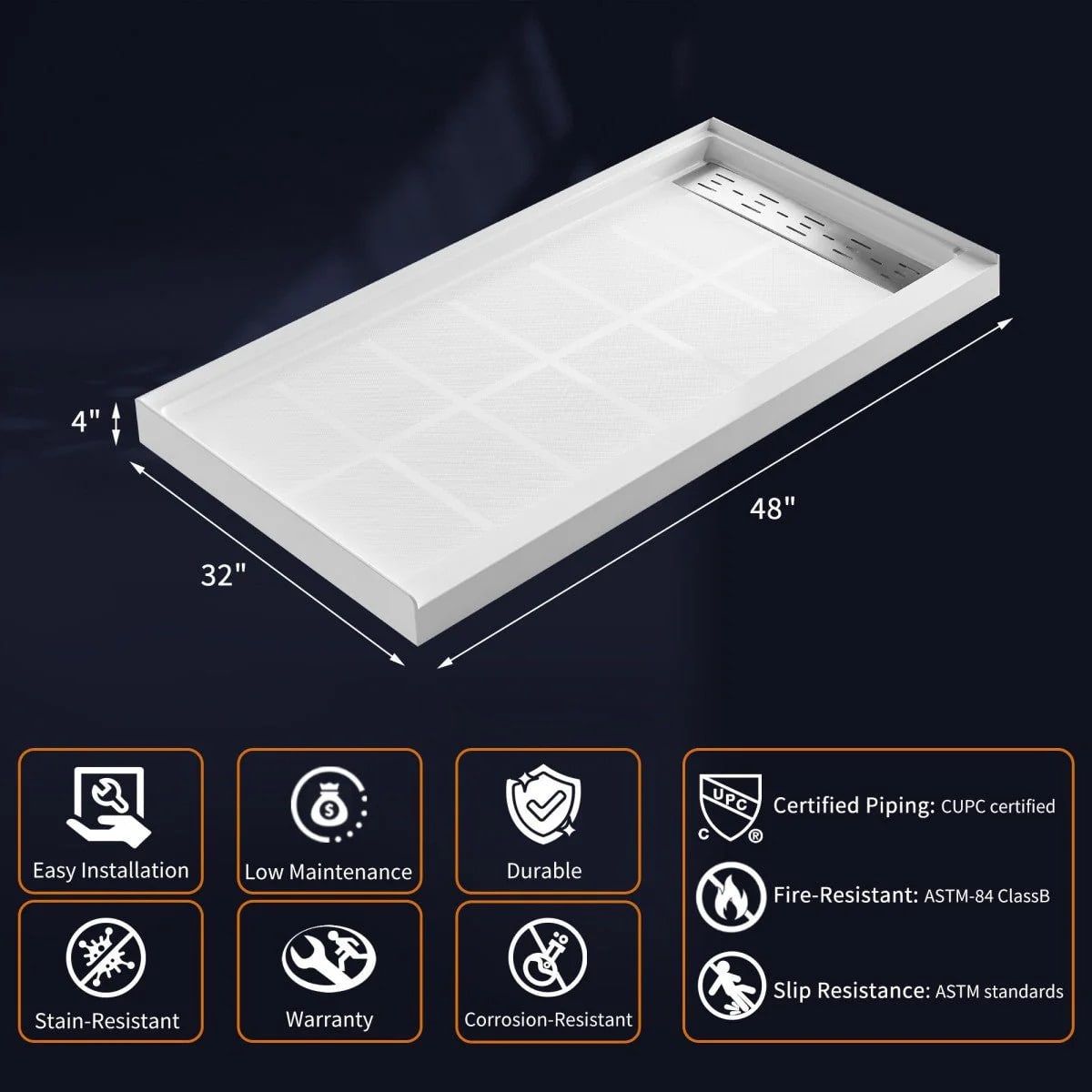 Shower Base 48"x 32", Right Drain, Shower Pan, White with Brushed Nickel Cover