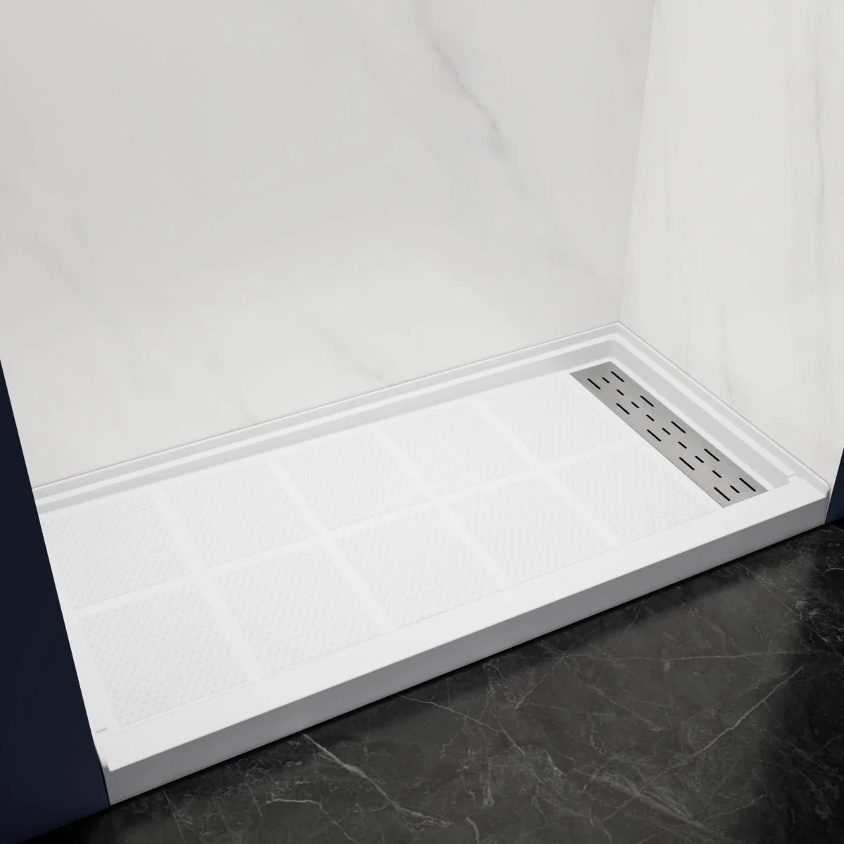 Shower Base 60"x 30", Right Drain, Shower Pan, White with Brushed Nickel Cover