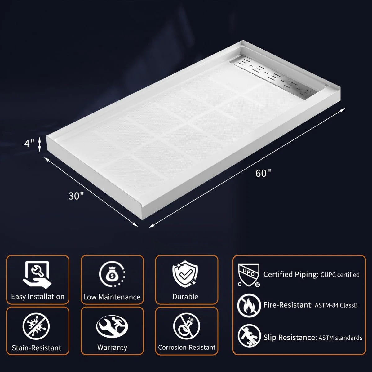 Shower Base 60"x 30", Right Drain, Shower Pan, White with Brushed Nickel Cover