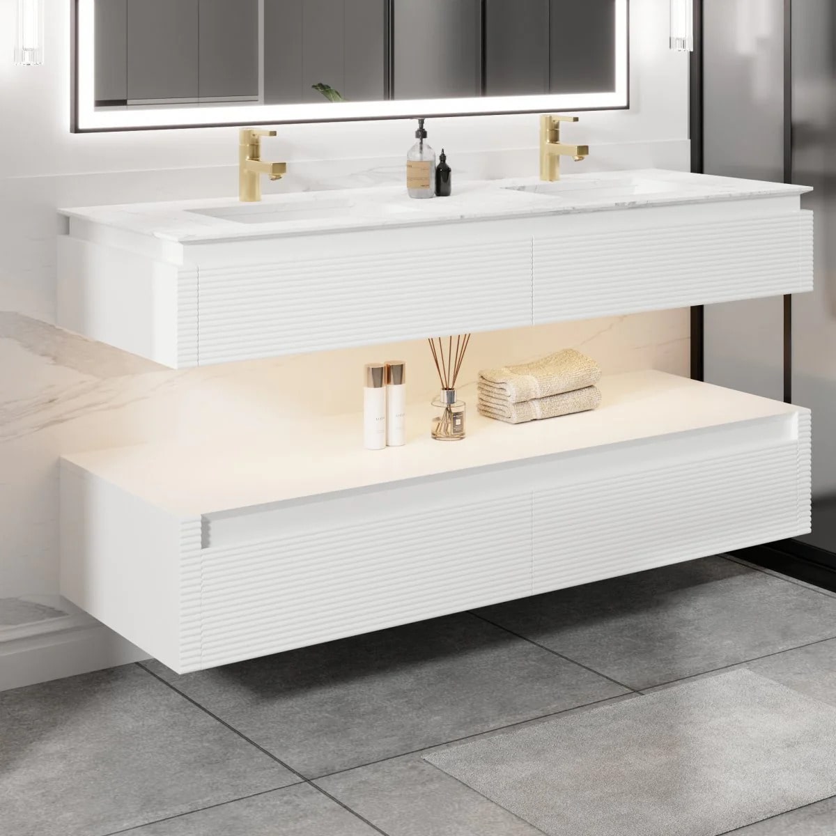 Segeo 60" Modern Solid Oak Luxury Bathroom Vanity with Marble Countertop