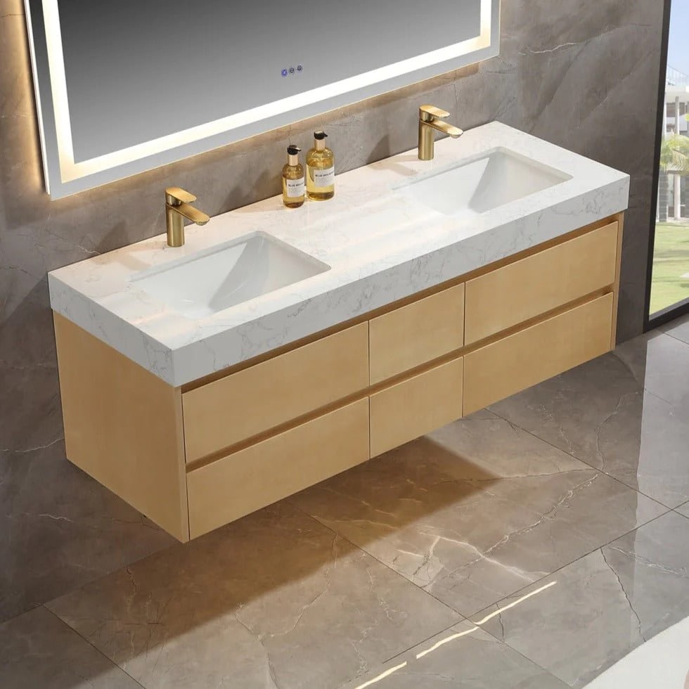 Sleek 60" Modern Maple Wood Luxury Bathroom Vanity with Stone Slab Countertop
