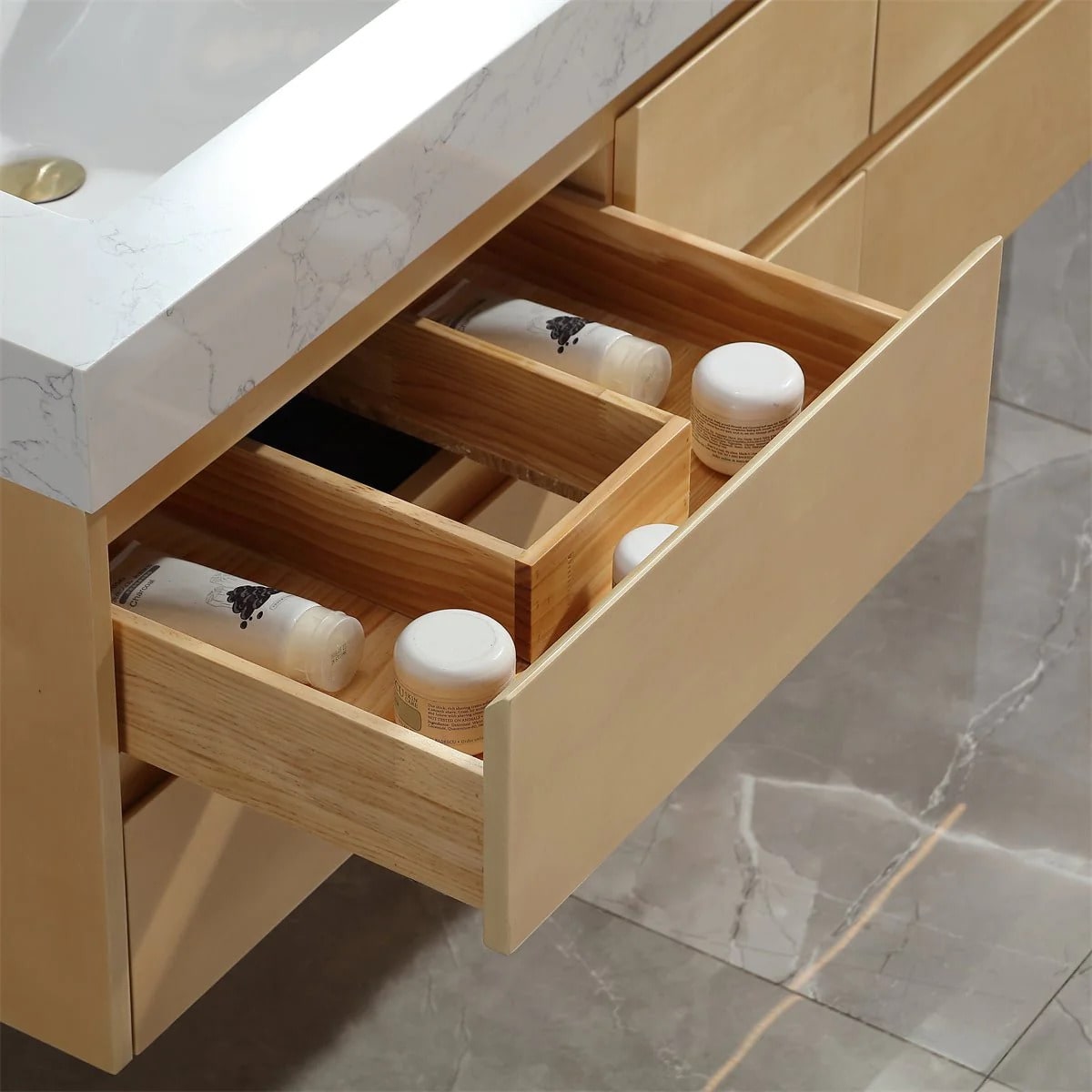 Sleek 60" Modern Maple Wood Luxury Bathroom Vanity with Stone Slab Countertop