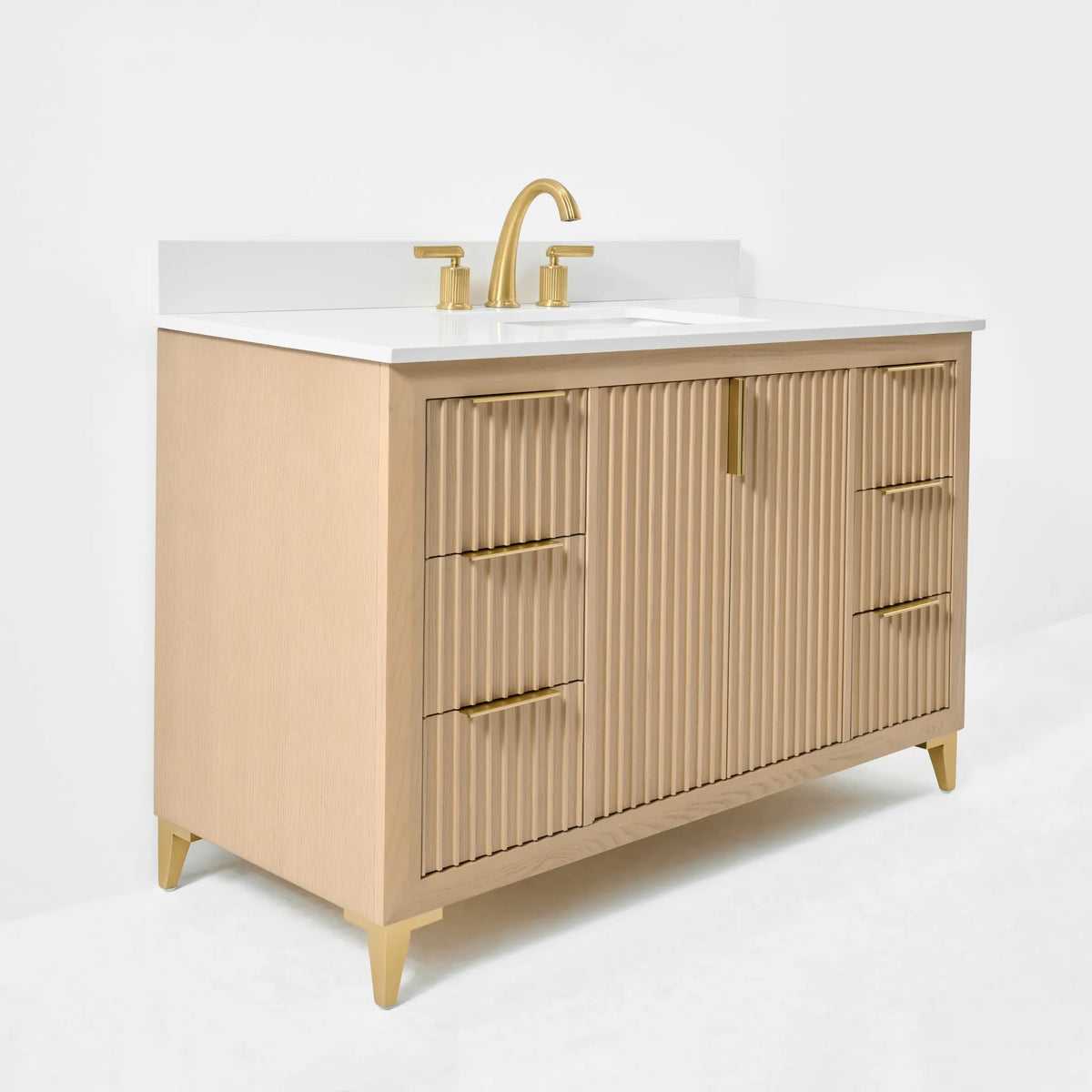 Turlington 48-inch bathroom vanity in Natural Oak — angled view