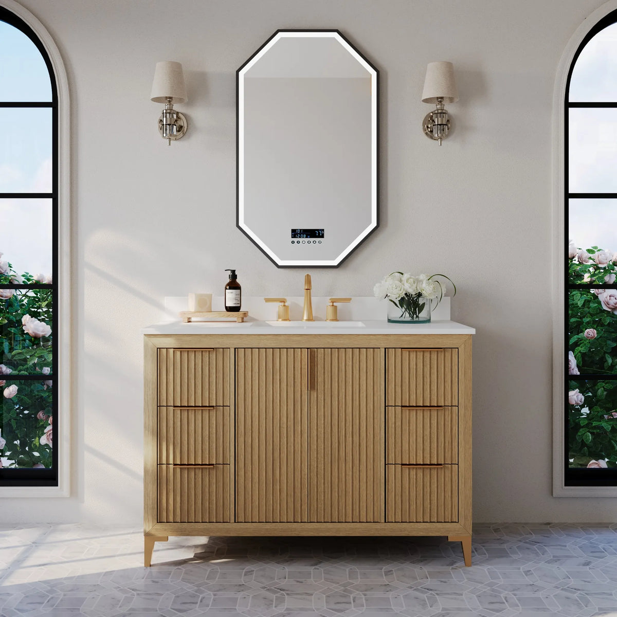 Turlington 48-inch bathroom vanity in Natural Oak — front view in a bathroom