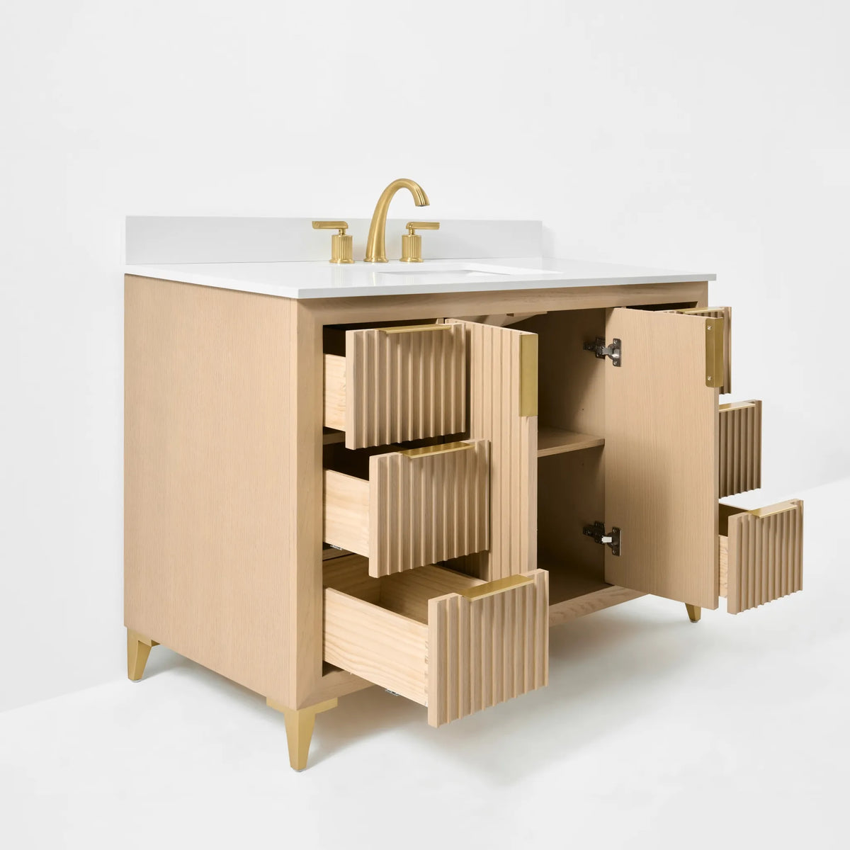 Turlington 48-inch bathroom vanity in Natural Oak — cabinet storage open