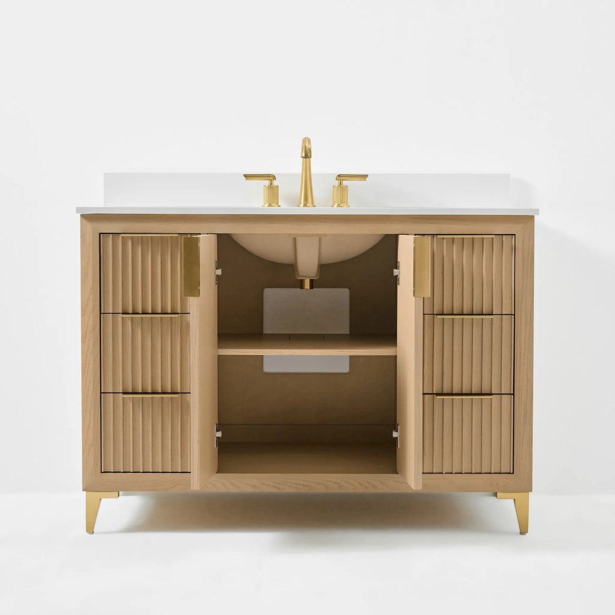 Turlington 48-inch bathroom vanity in Natural Oak — cabinet storage open