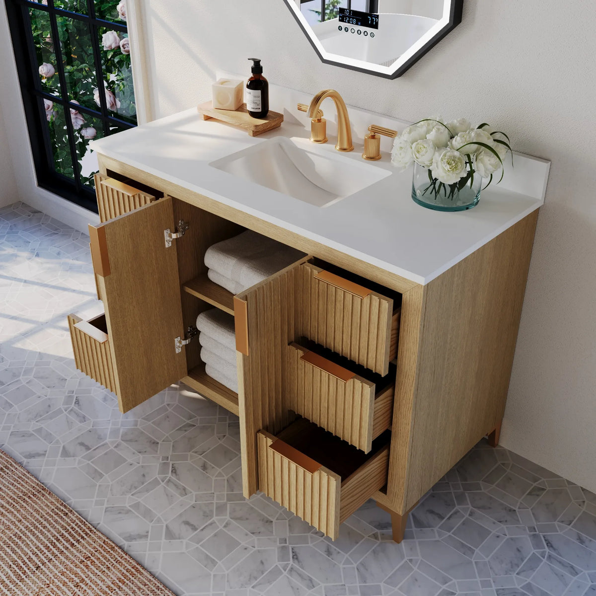 Turlington 48-inch bathroom vanity in Natural Oak — cabinet storage open
