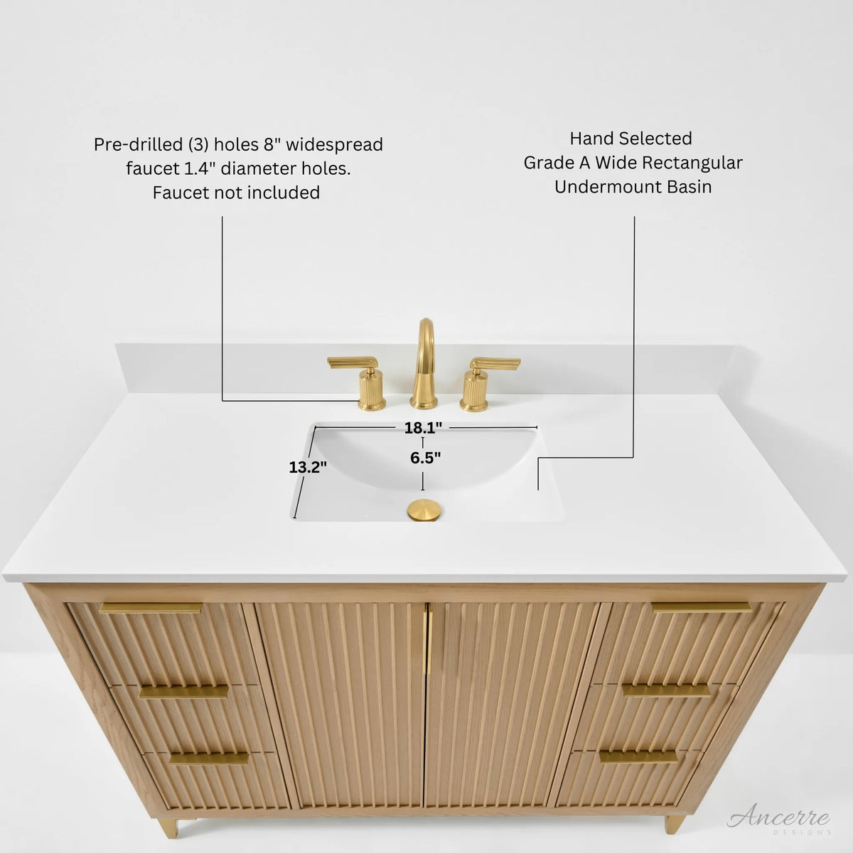 Turlington 48-inch bathroom vanity in Natural Oak — sink and faucet dimensions