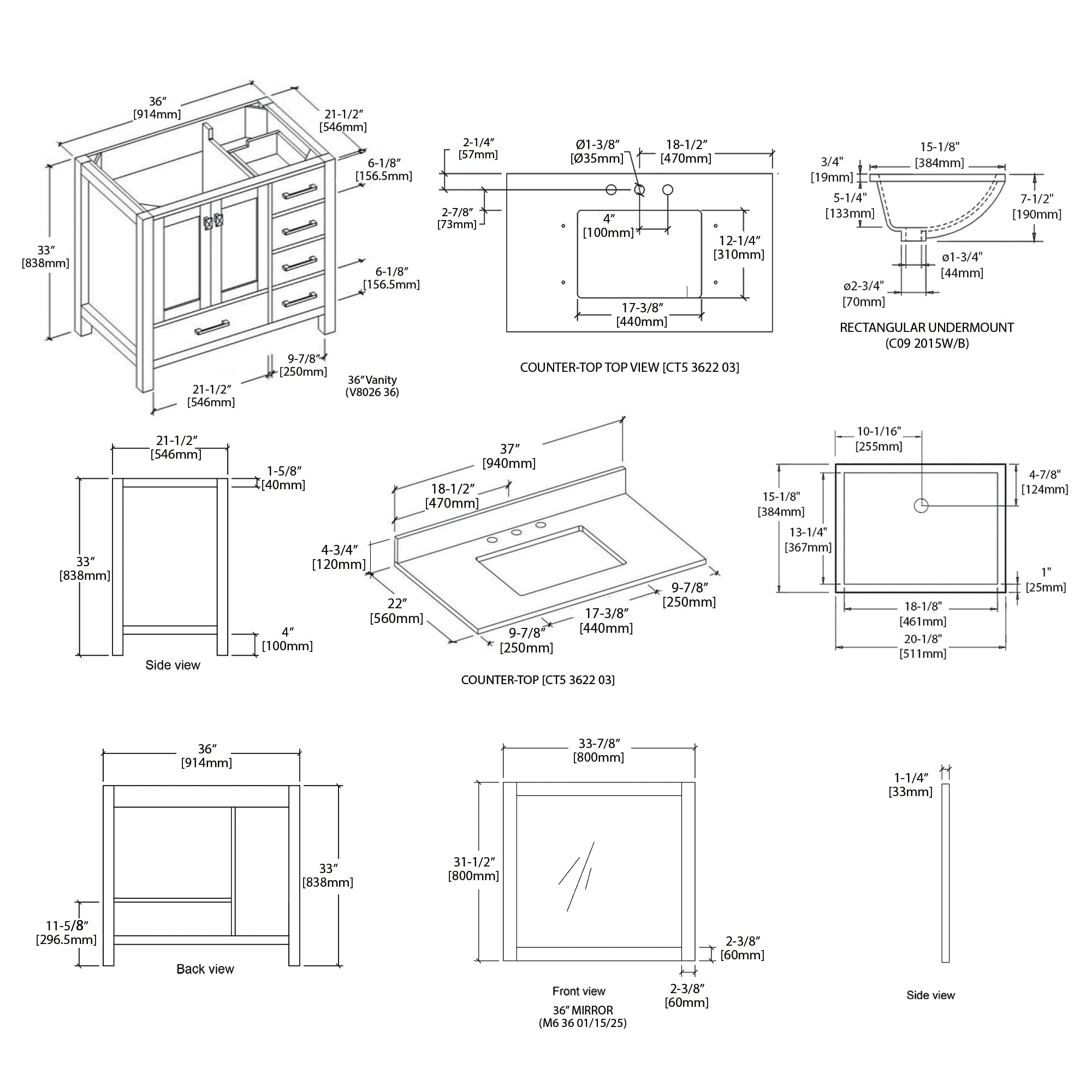 Geneva 36" Bathroom Vanity with Marble Countertop - Contemporary Bathroom Vanity