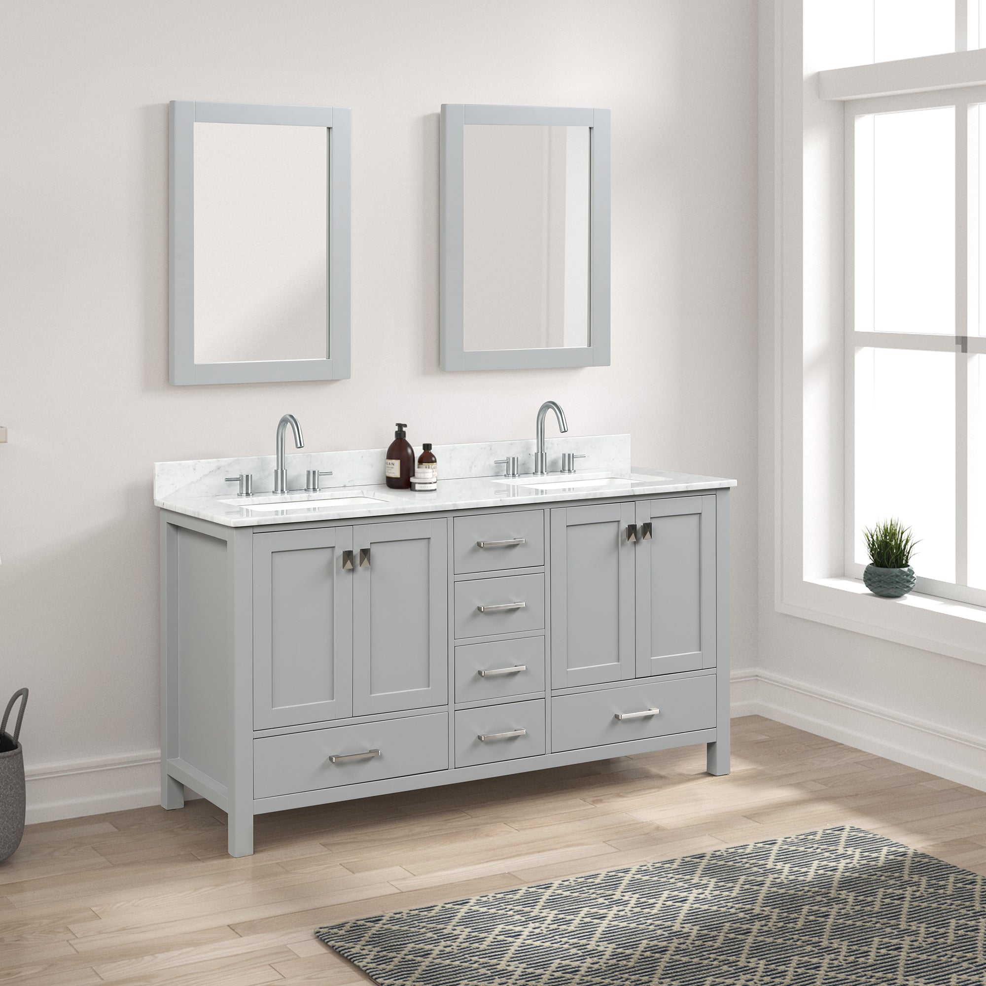 Geneva 60" Bathroom Vanity Double SInk with Marble Countertop - Contemporary Bathroom Vanity